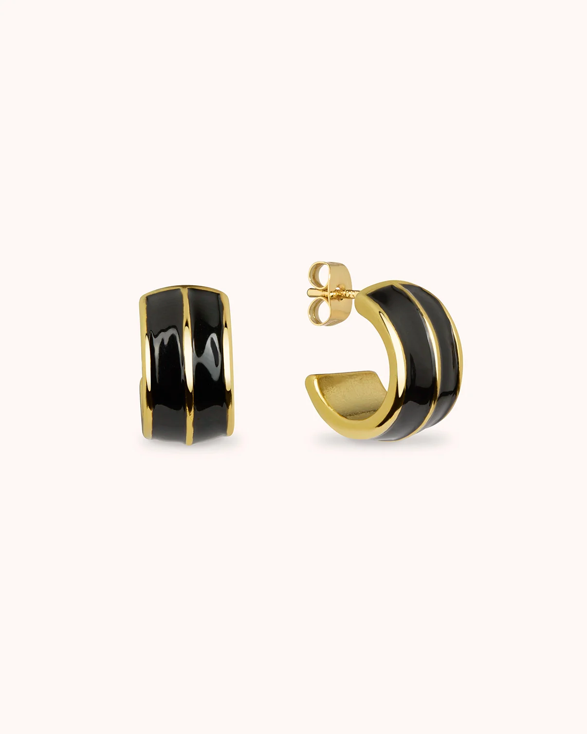Waterproof Black Enamel Chunky Huggies in Gold