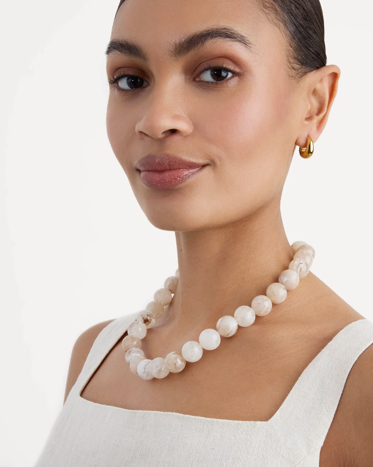 Waterproof Chunky Beaded Necklace in Cream - Image 2