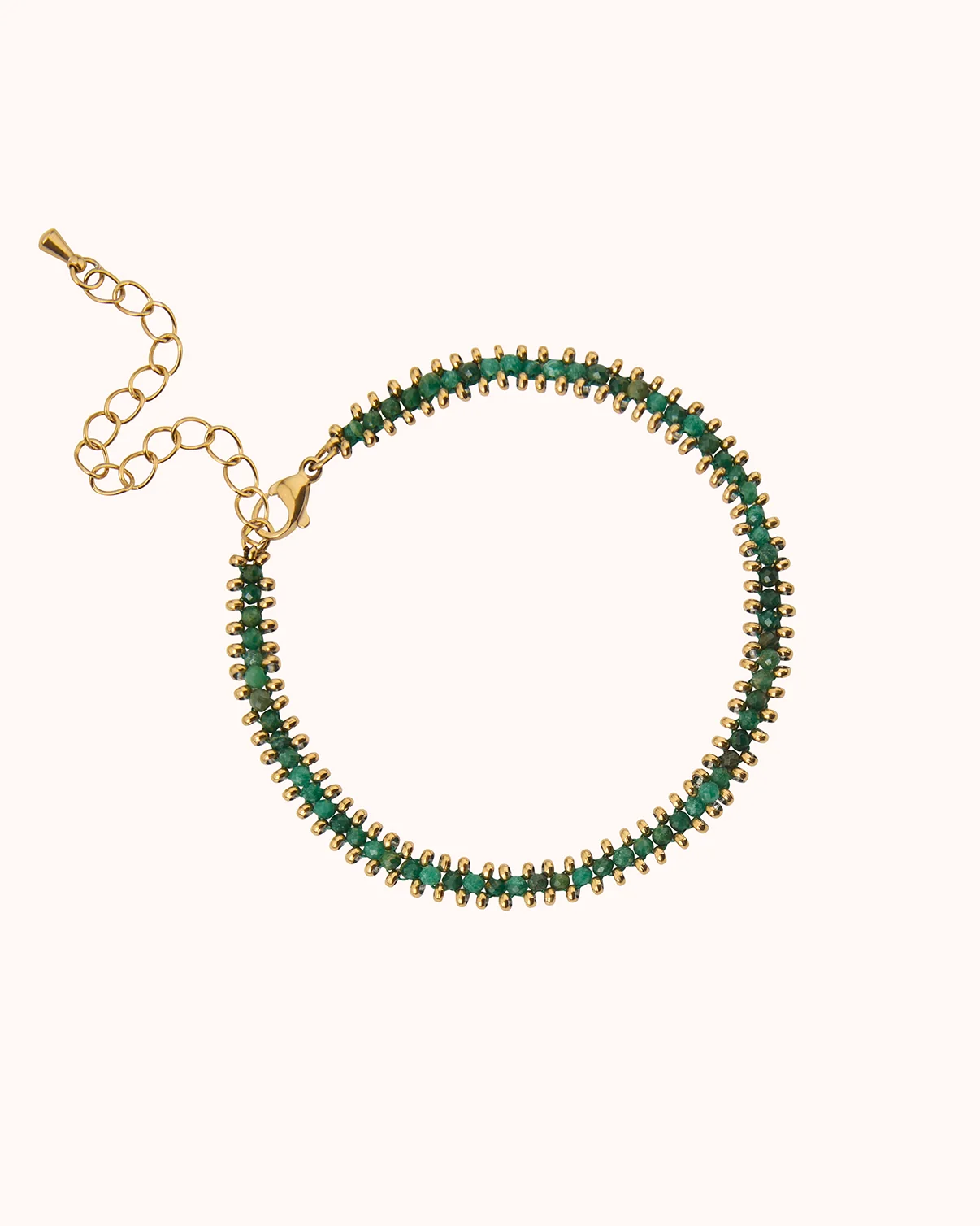 Waterproof Green Beaded Chain Bracelet in Gold