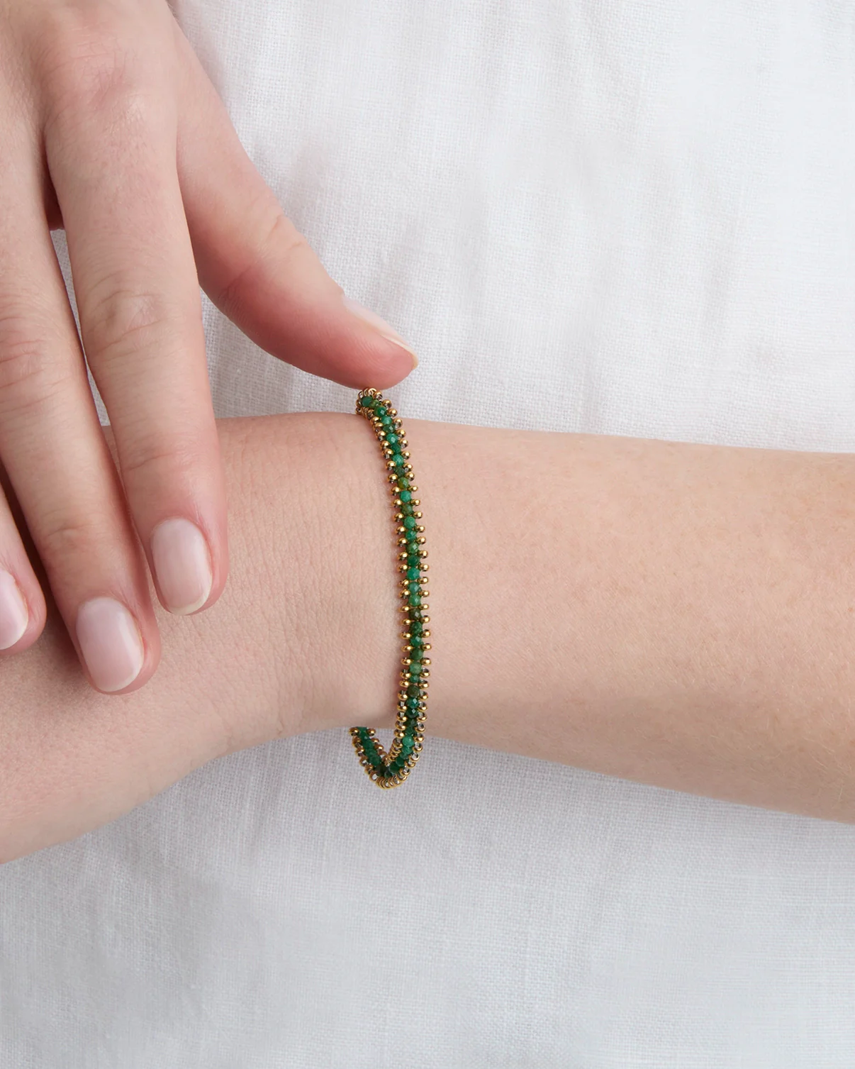 Waterproof Green Beaded Chain Bracelet in Gold - Image 2