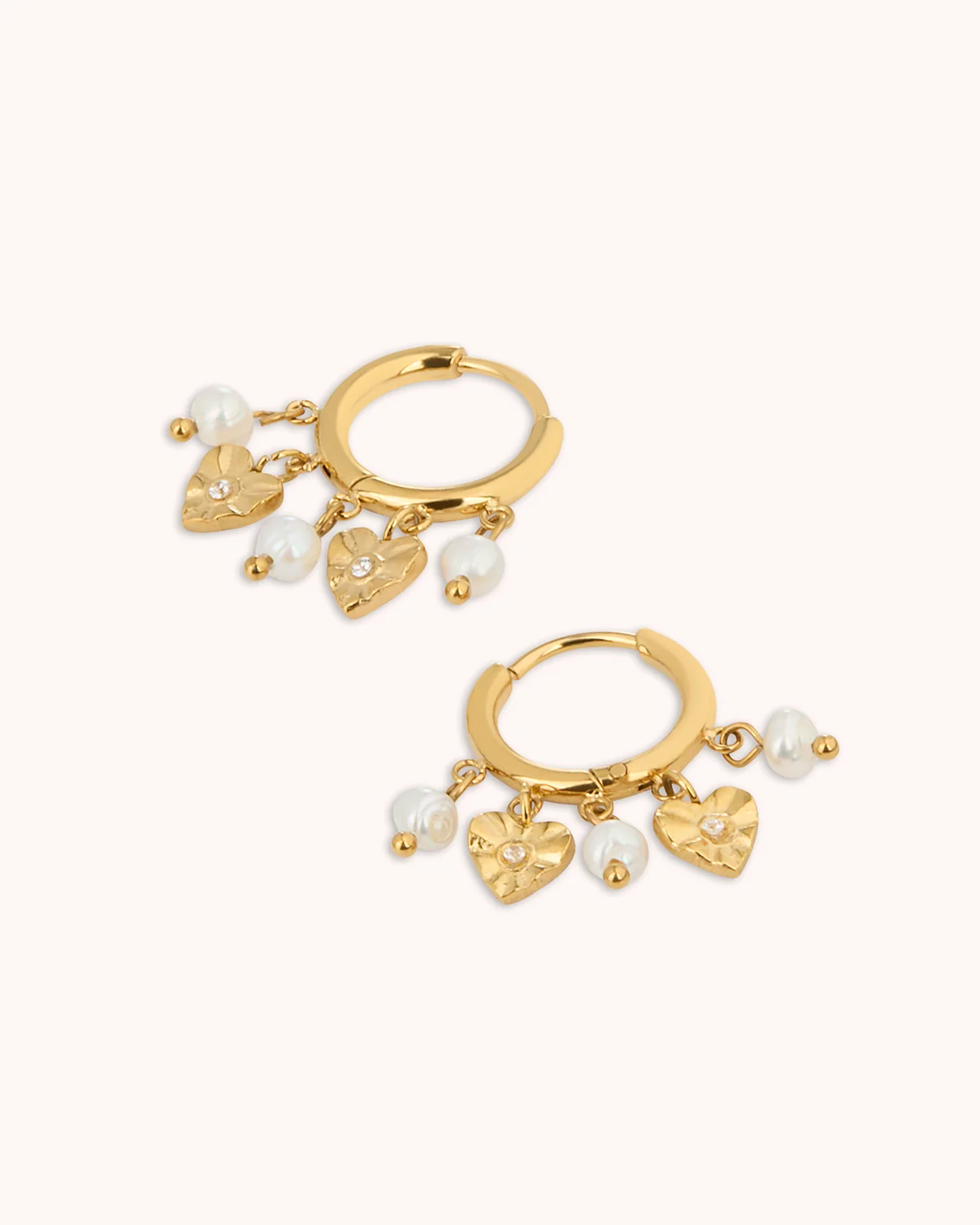 Freshwater Pearl Heart Charm Huggie Earrings in Gold - Image 3