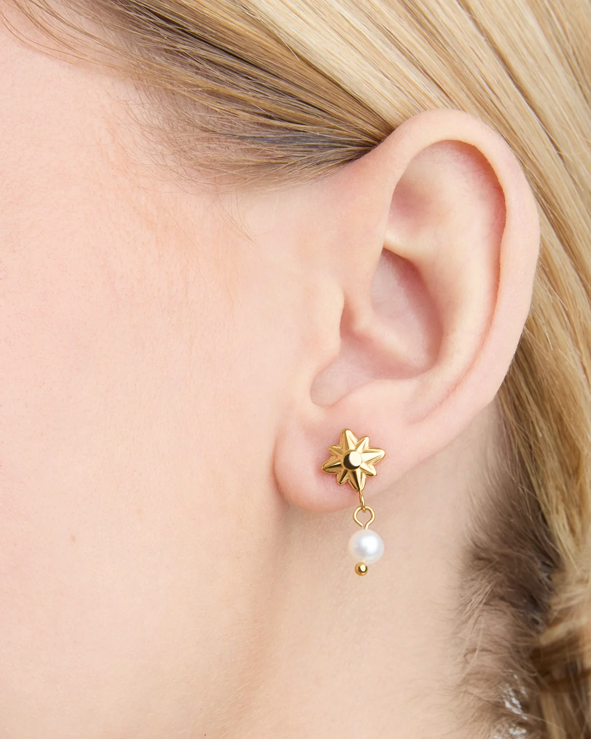 Waterproof Freshwater Pearl Celestial Drop Earrings in Gold - Image 3