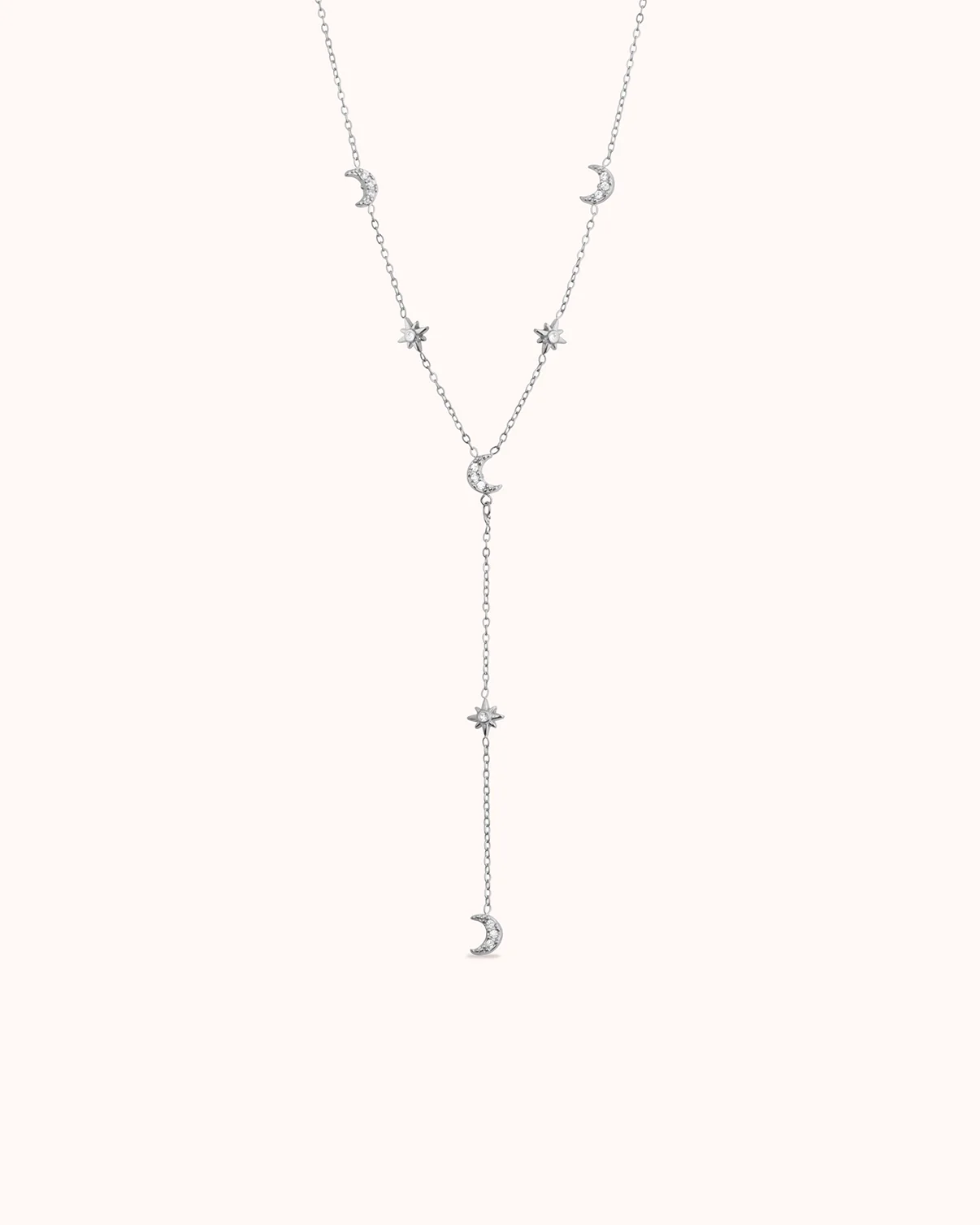 Waterproof Star and Moon Lariat Necklace in Silver