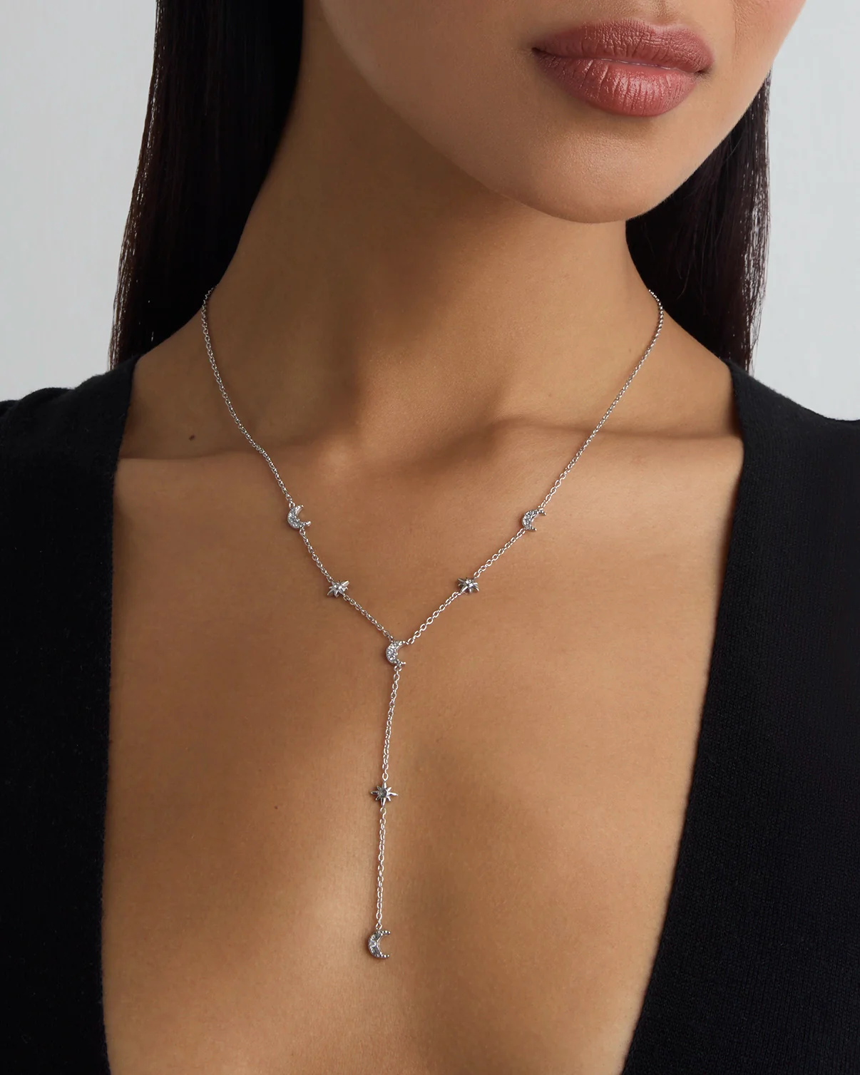Waterproof Star and Moon Lariat Necklace in Silver - Image 2