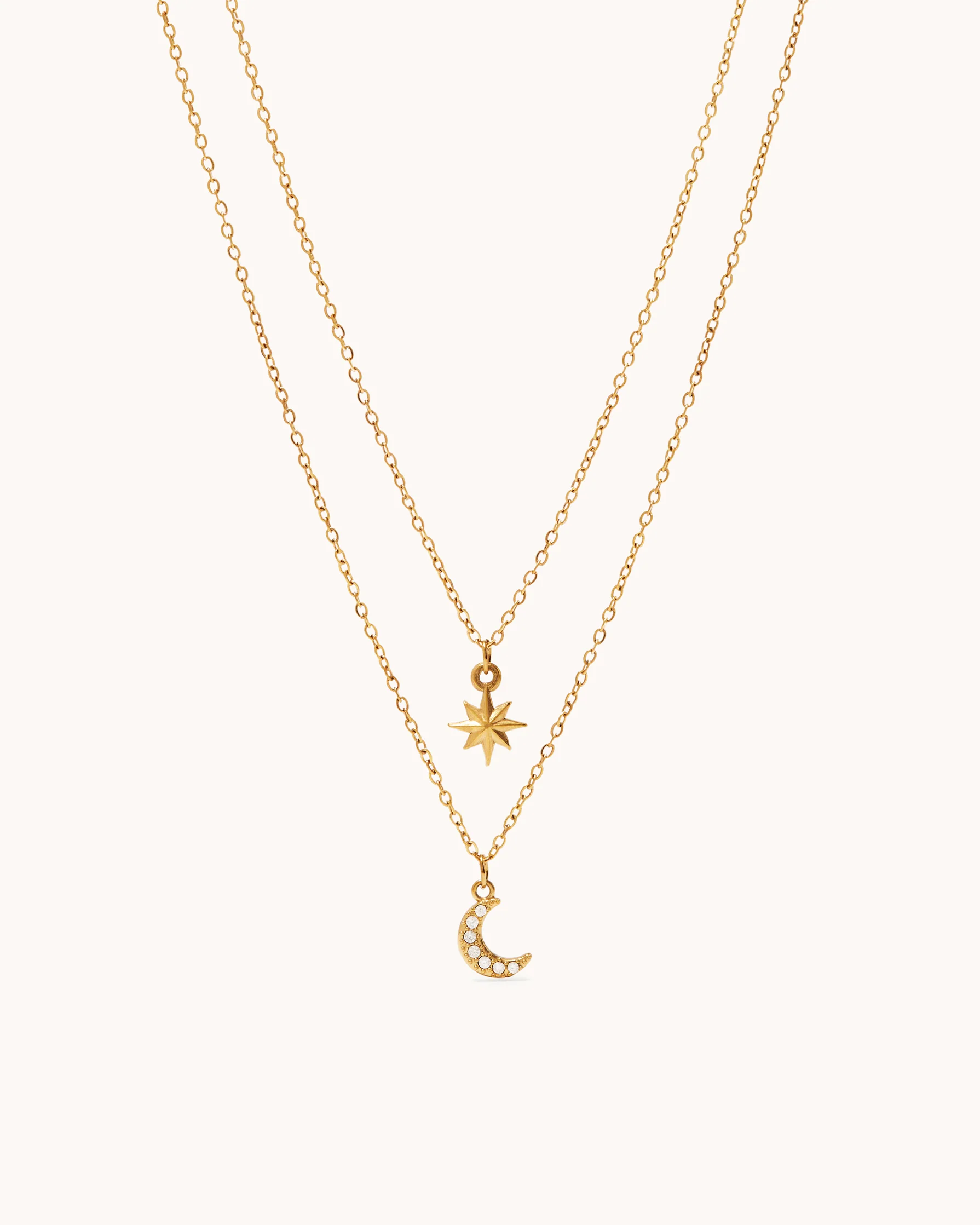 Waterproof Star & Moon Double Layer Necklace in Gold