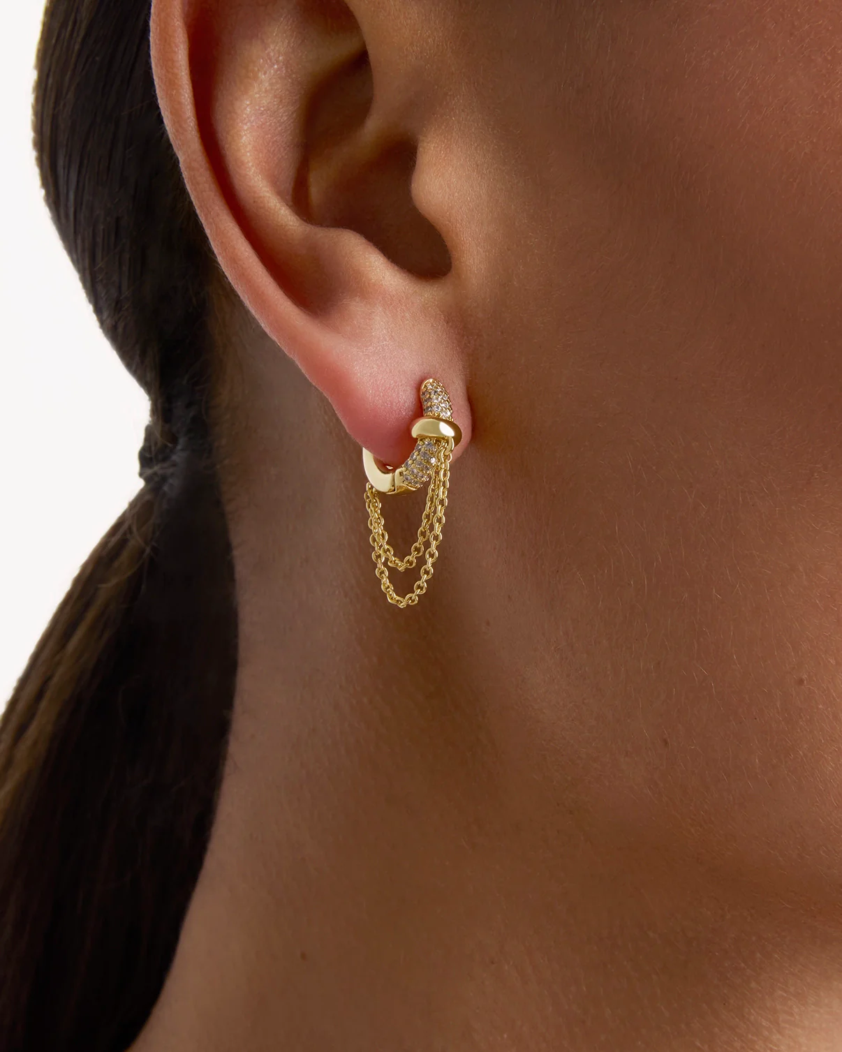 Cubic Zirconia Chain Drop Hoop Earrings in Gold - Image 3
