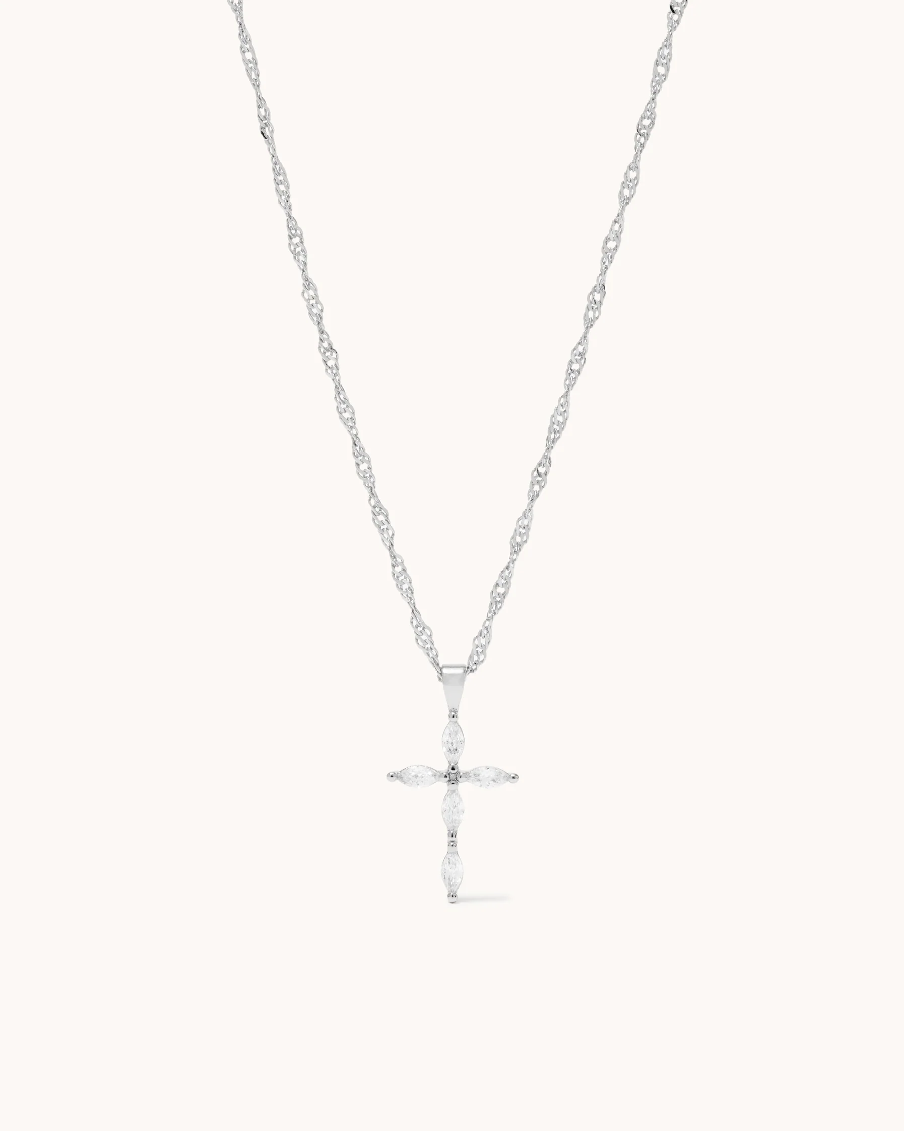 Cubic Zirconia Cross Pendant Twisted Chain Necklace in Silver
