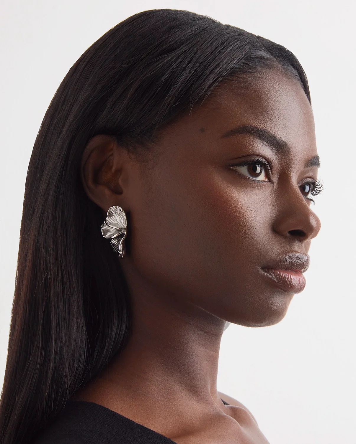 Waterproof Textured Half-Flower Earrings in Silver - Image 2