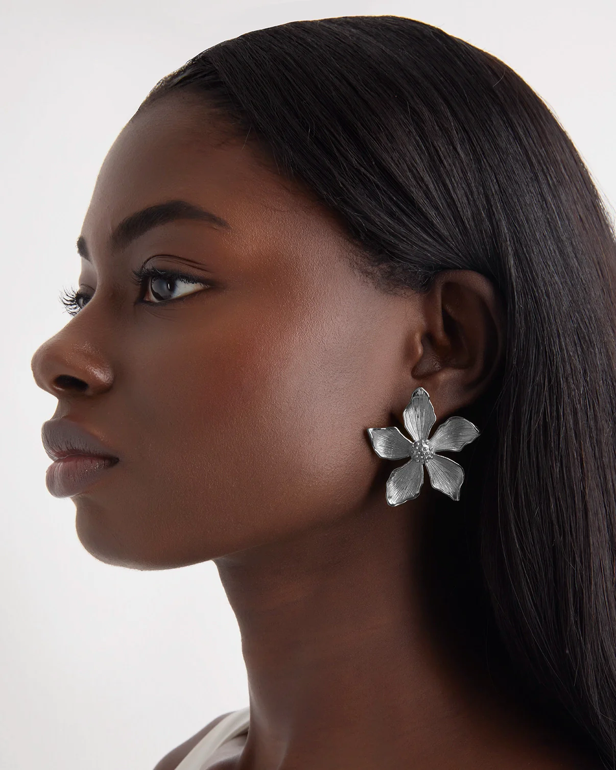Waterproof Textured Flower Statement Earrings in Silver - Image 2