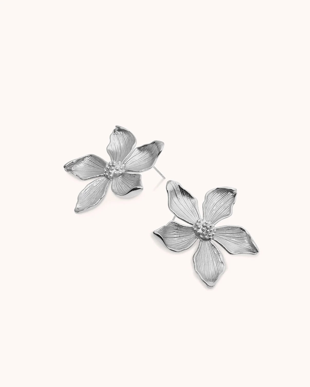 Waterproof Textured Flower Statement Earrings in Silver - Image 3