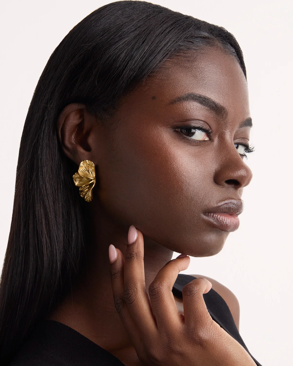 Waterproof Textured Half-Flower Earrings in Gold - Image 2