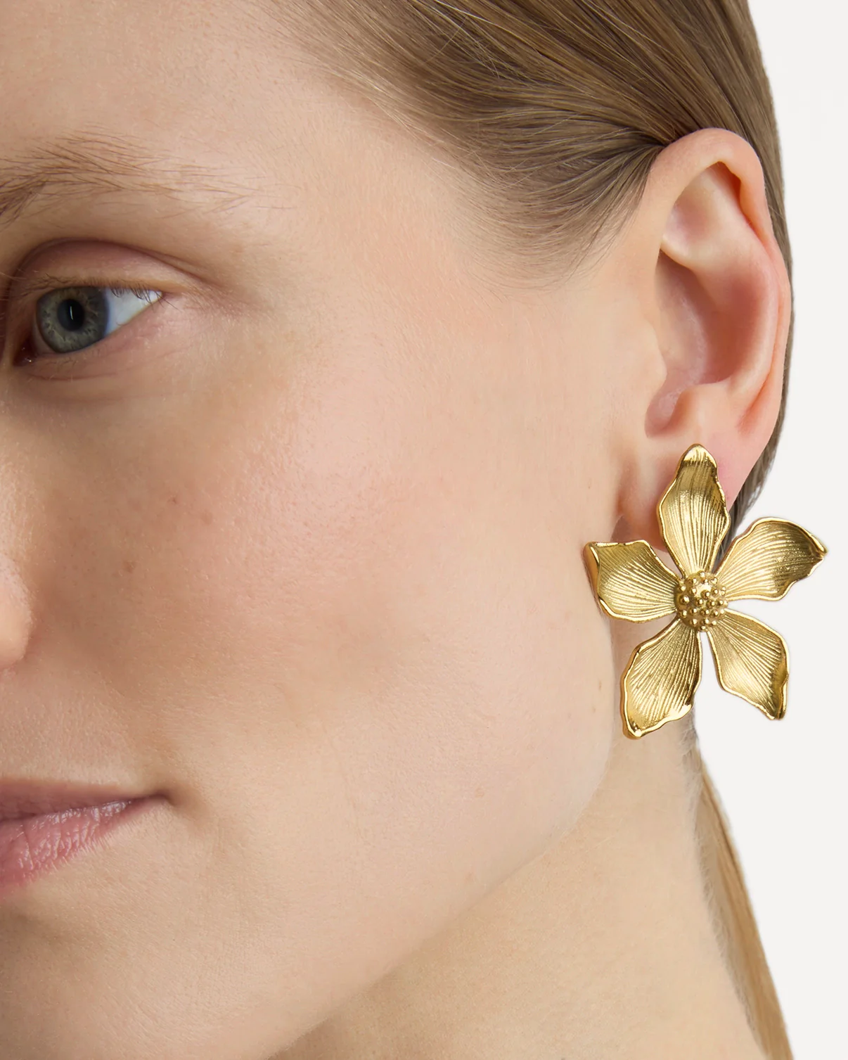 Waterproof Textured Flower Statement Earrings in Gold - Image 2
