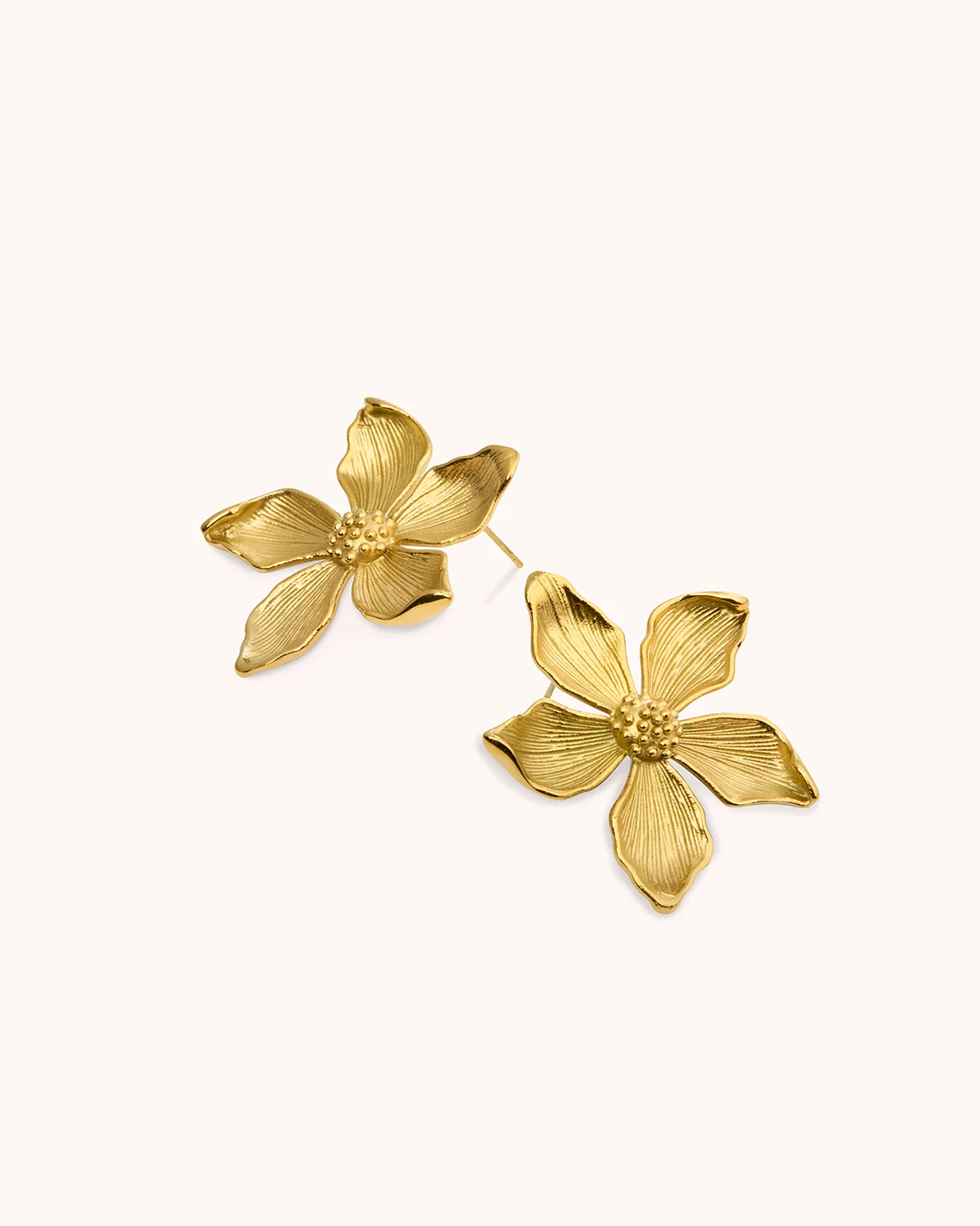 Waterproof Textured Flower Statement Earrings in Gold - Image 3