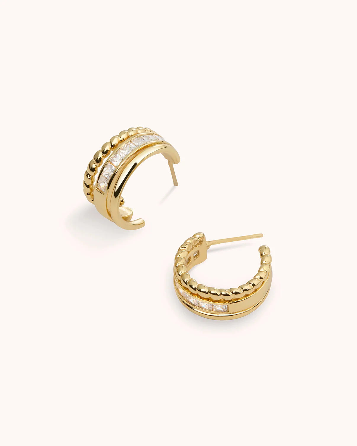 Triple Row Cubic Zirconia Stud Hoops in Gold - Image 3
