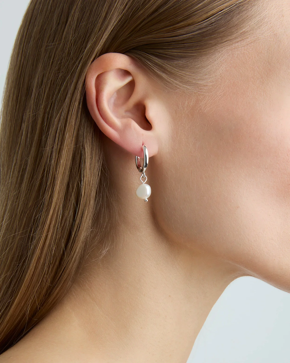 Round Pearl Drop Hoops in Silver