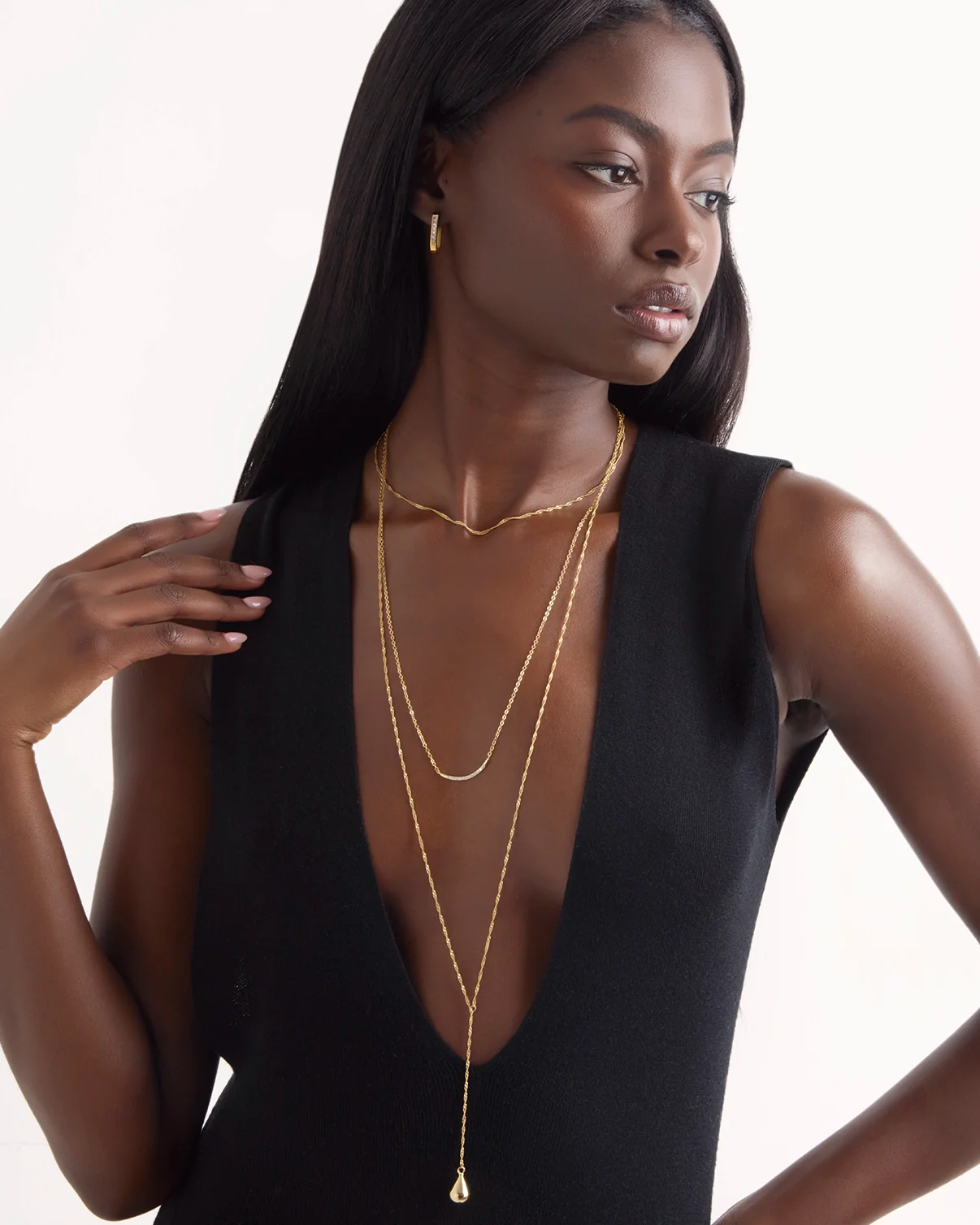 Triple Layered Ball Detail Lariat Necklace in Gold - Image 2