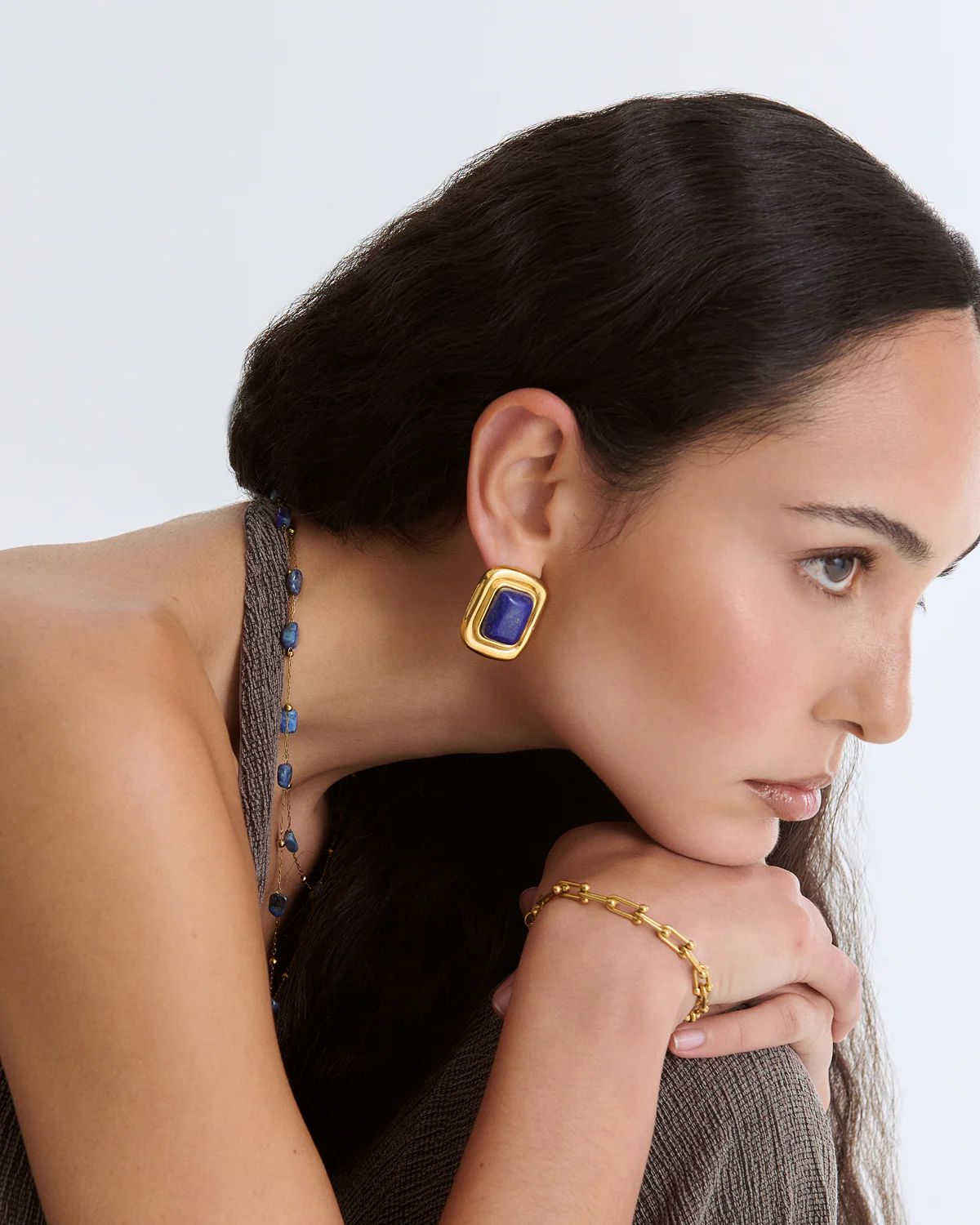 Blue Statement Stud Earrings in Gold - Image 3